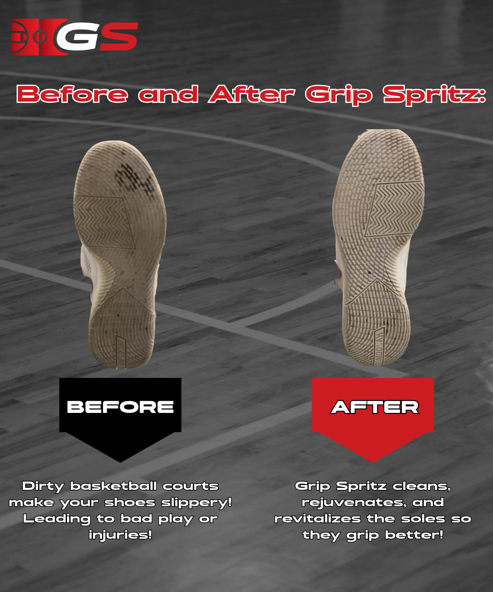 Your basketball shoes before and after using Grip Spritz traction mat