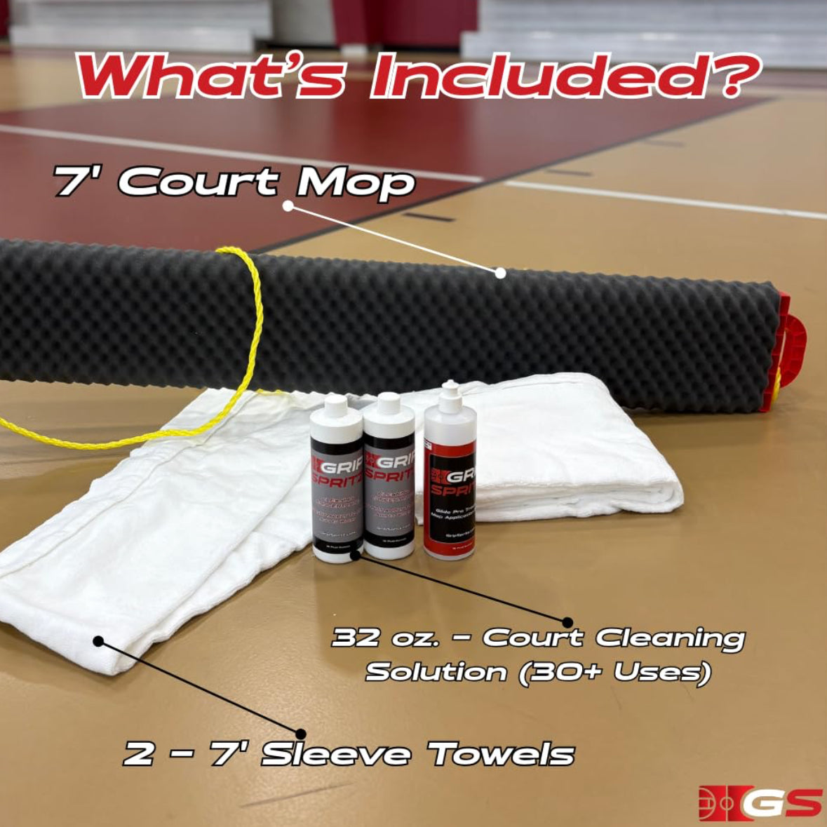 What's included in the Grip Spritz basketball court cleaning damp mop system