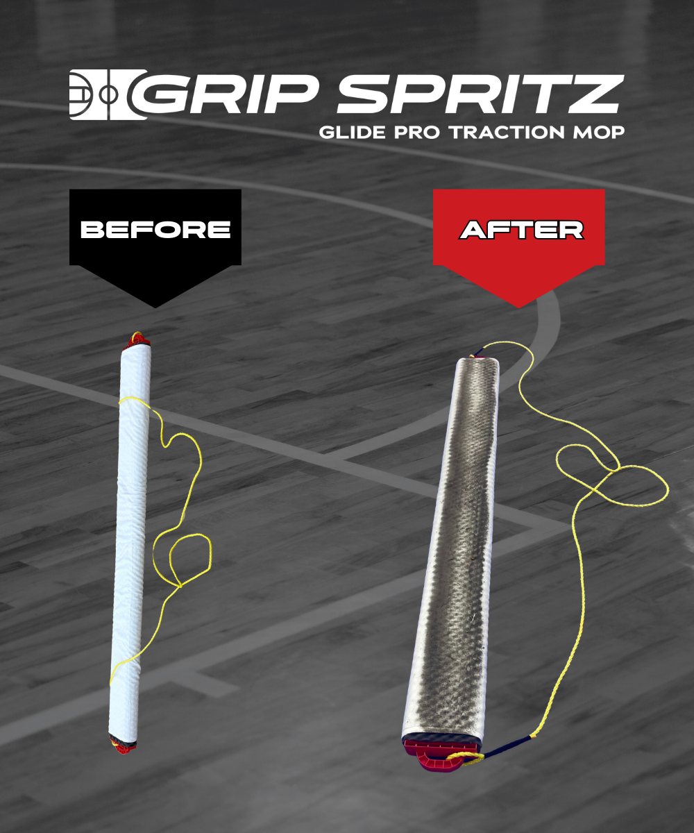 Before and after cleaning your basketball court with Grip Spritz court mop